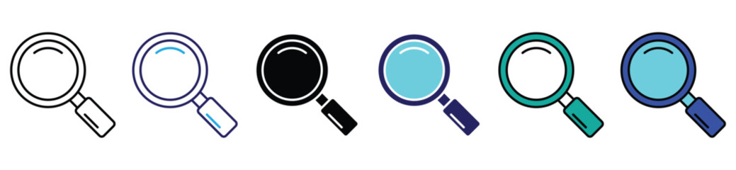 Search and discovery icon collection. Magnifying glass symbols in multiple styles including active, inactive, filled, outline, and minimal variations. Perfect for apps, websites, UI/UX, navigation too