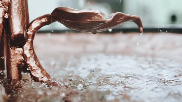 Copper fountain with water running in slow motion footage