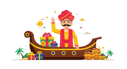 Cartoon illustration of King Mahabali in a traditional boat with gifts and fruits, celebrating Onam festival in Kerala, India.