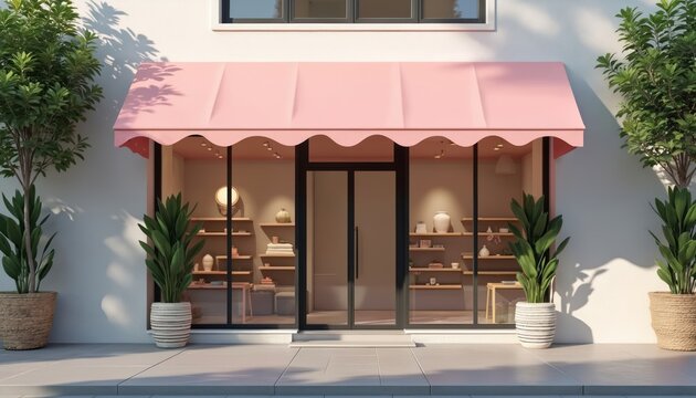 Pink awning covers store front with glass doors and windows. Shelves display items inside shop. Potted plants frame entrance, casting tree shadows on wall. Exterior commercial building facade. - Powered by Adobe