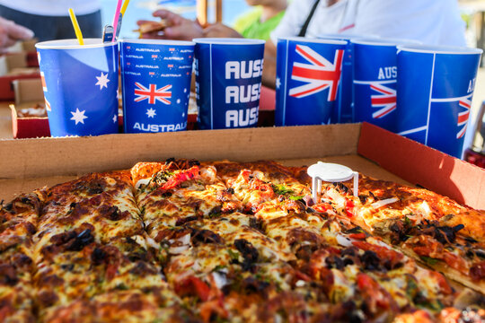 Australia day celebration outdoor picnic with pizza