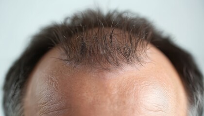 Close up view shows thinning hair and receding hairline on man scalp. This image can illustrate hair loss concerns and aging process, potential medical conditions.