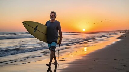A surfer walks along the beach at sunset, surfboard in hand. - Powered by Adobe