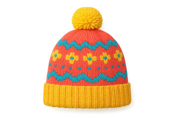 Vibrant knit hat with pompom isolated on transparent background, winter accessory
