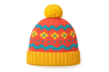 Vibrant knit hat with pompom isolated on transparent background, winter accessory