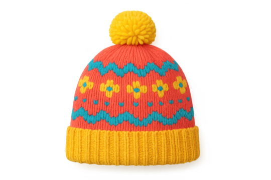 Vibrant knit hat with pompom isolated on transparent background, winter accessory