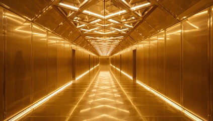 Modern Golden Hallway with Bright Light Reflection and Clean Design