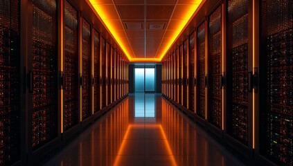 Futuristic Data Center with Orange Lighting and Reflective Floor