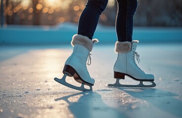 Figure skates glide on icy surface during sunset. Legs wearing jeans and warm boots move on frozen pond, enjoying winter activity. Leisurely outdoor recreation.