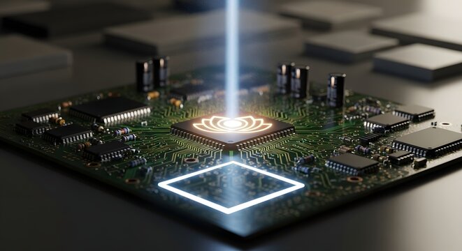 Close-up of a modern printed circuit board with illuminated components and electronic connections on a dark surface