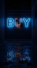 A vibrant blue neon sign displaying the word 'BUY' on a dark wall, creating a modern and eye-catching visual effect with reflections on the floor
