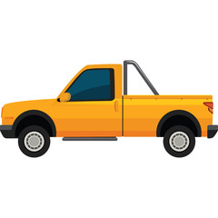 Yellow pickup truck vehicle with black wheels and roll bar in a side profile view on a white background