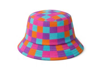 Colorful checkered pattern bucket hat isolated on transparent background studio shot