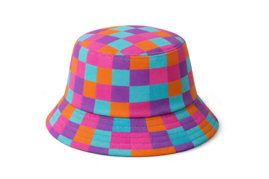 Colorful checkered pattern bucket hat isolated on transparent background studio shot - Powered by Adobe