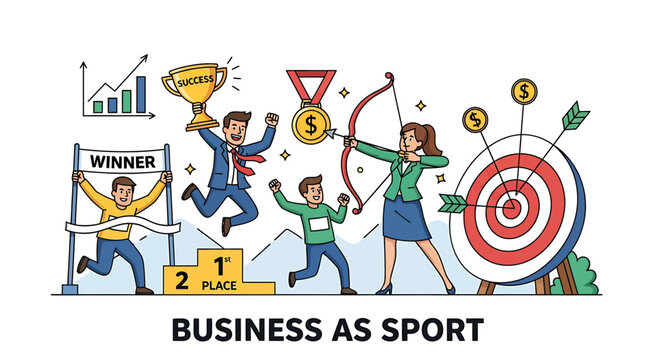 Illustrative depiction of business as a competitive sport, featuring elements like a finish line, podium, trophy, medals, archery, and a target.