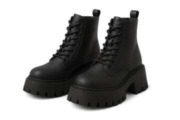 Pair of black lace-up platform boots isolated on transparent background shot in studio