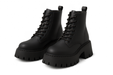 Pair of black lace-up platform boots isolated on transparent background shot in studio