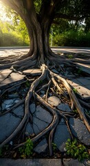 A large tree with exposed roots growing over a cracked pavement in a park during daytime with sunlight filtering through the leaves