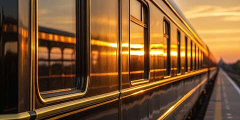 Fototapeta premium Sunset reflects off a sleek train, highlighting its polished surface along a tranquil platform.