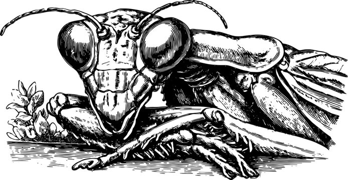 Insect mantis engraving illustration in vintage style. This detailed black outline print showcases wildlife artistry in vector format.