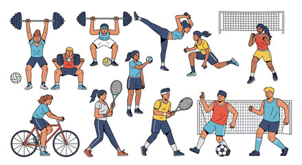 Diverse individuals engaging in various sports and fitness activities, promoting health and wellness.