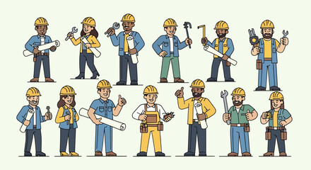 Diverse group of cartoon construction workers and tradespeople holding various tools and blueprints.