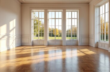 Obraz premium Spacious hall interior with parquet flooring, large windows. Natural light streams in illuminating classic design. Perfect venue for events celebrations gatherings. Empty room with bright space ideal