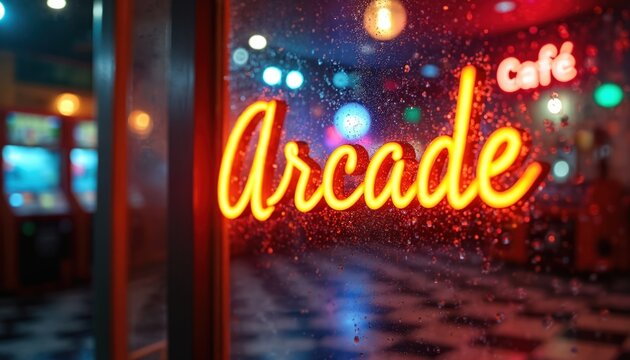 Retro neon arcade sign glows brightly. Blurred interior shows game machines and a checkered floor. Cafe sign visible. Nighttime scene with rain droplets on glass.