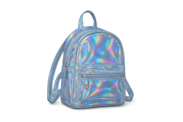 Iridescent holographic backpack isolated on transparent background, fashion item