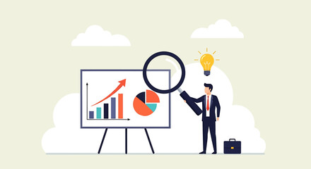 A business professional analyzing a financial chart with a magnifying glass, seeking insights and solutions.