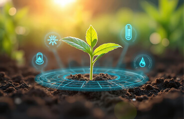 Young plant grows from soil surrounded by digital icons showing smart farming tech. AI monitors plant health, weather, water needs for efficient crop cultivation. Future farming advances with data.