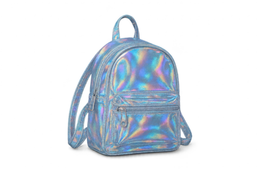 Iridescent holographic backpack isolated on transparent background, fashion item