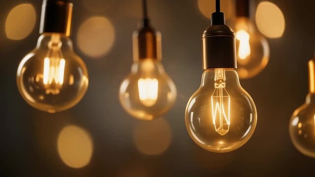 Close up of several glowing Edison light bulbs hanging in a dark room with bokeh lights in the background