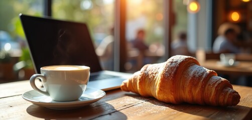 Cozy cafe scene in morning sunlight. Fresh baked croissant and hot coffee latte sit on rustic wooden table. An open laptop is ready for remote work, study, or casual breakfast.