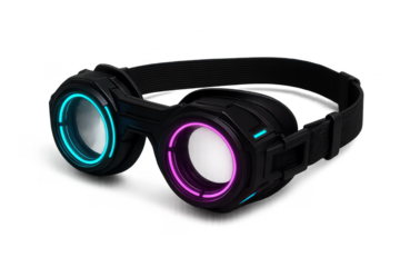 Futuristic goggles isolated on transparent background, glowing cyberpunk style