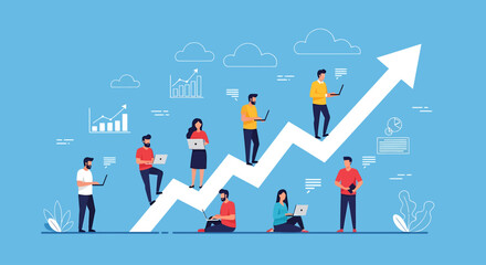 A diverse team of professionals works on laptops, positioned on a large white arrow pointing upwards, symbolizing business growth and success.