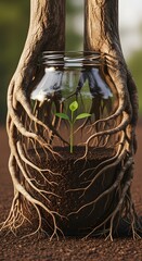 A glass jar with a young plant growing inside, surrounded by tree roots and bark, symbolizing growth, nature, and environmental sustainability