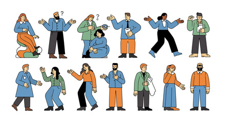 Fototapeta premium A diverse set of stylized people with confused, questioning, and shrugging expressions and gestures.