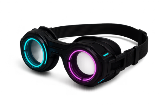 Futuristic goggles isolated on transparent background, glowing cyberpunk style