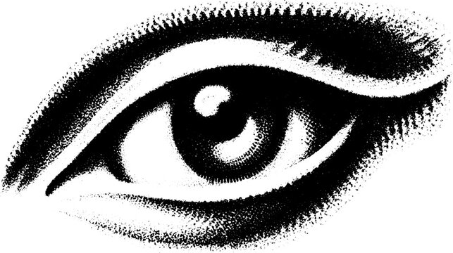 Eye graphic featuring a clean, abstract design. Black and white vector illustration with artistic texture and unique patterns.
