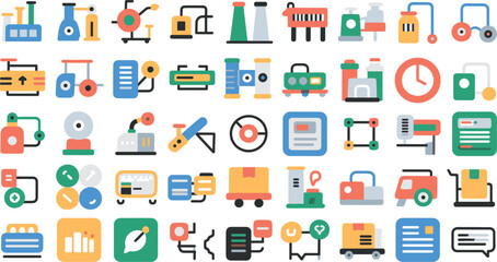 Fototapeta premium Collection of flat design icons representing industrial machinery and processes factory technology