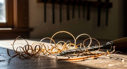 Artisan's touch: close-up of wood shavings and a chisel showcasing craftsmanship and woodworking detail