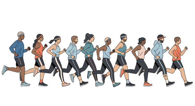 Diverse group of people running together in a marathon or race.