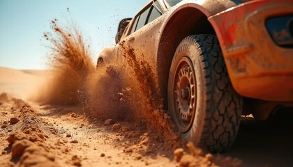Race car speeds through desert sand, kicking up dust and debris. The vehicle navigates rough terrain during an off road competition. Dynamic action shot captures intense motion and speed.