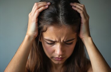 Naklejka premium Young woman grabs her head with hands. She frowns with closed eyes, showing discomfort or pain. Her scalp may be itchy or sore, hinting at hair issues. Feeling stressed and worried about hair loss.