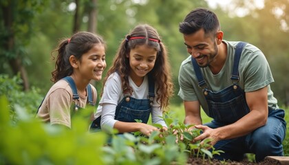 Father teaches two daughters gardening in summer park. Kids help dad plant small green sprouts. Family enjoys nature bonding and learning sustainable skills together in outdoor setting.
