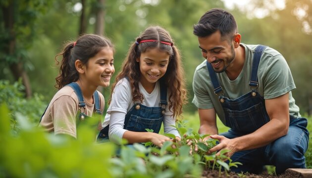 Father teaches two daughters gardening in summer park. Kids help dad plant small green sprouts. Family enjoys nature bonding and learning sustainable skills together in outdoor setting.