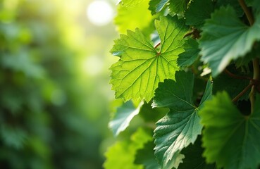 Fototapeta premium Sunlight filters through vibrant green grape leaves creating a soft natural bokeh background. Close up macro shot of textured foliage detail, signifying growth and nature.