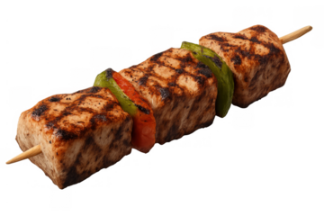 Grilled chicken or pork kebab skewer with bell peppers, having a clear transparent background for easy use