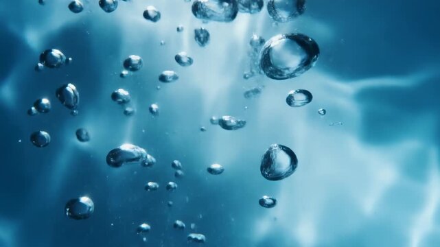 Close-up of Underwater Bubbles and Turbulence in Clear Blue Water Keywords: underwater, bubbles, water, liquid, blue, clear